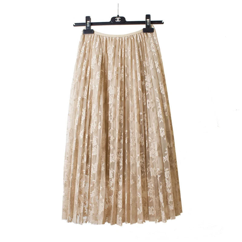 

Lace hook flower skirt pleated petticoat spring and autumn medium long underskirt elastic waist all match basic half slip