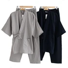 Комплект пижамный мужской из 2 предметов, хлопок, кимоно, халатик и штаны, длинная Свободная Домашняя одежда, Однотонная ночная рубашка с карманами