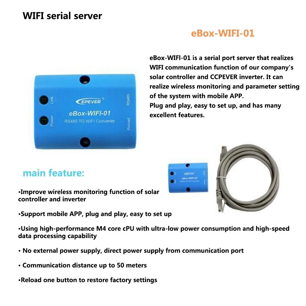 

Solar WiFi Serial Server EPEVER EBox-WIFI-01 5V DC Length 2 Meters Communication Distance Up To 50 Meters EBox-WIFI-01 Line