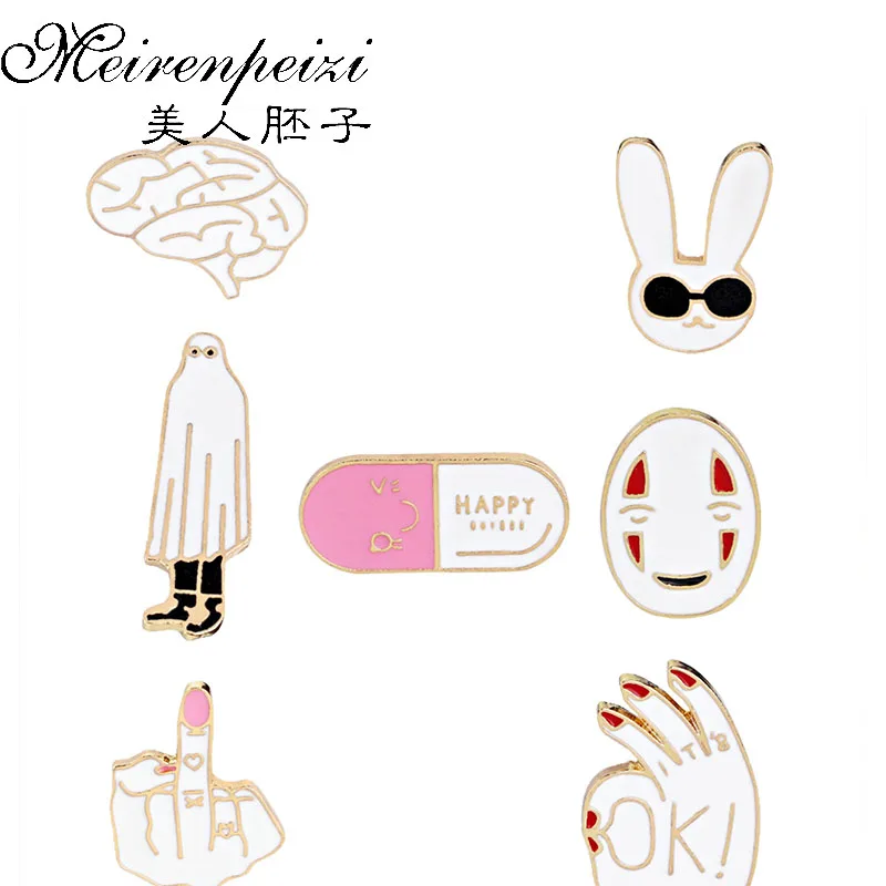 Мультяшная Маска кролик средний палец капсула мозга Брошь булавка металлическая