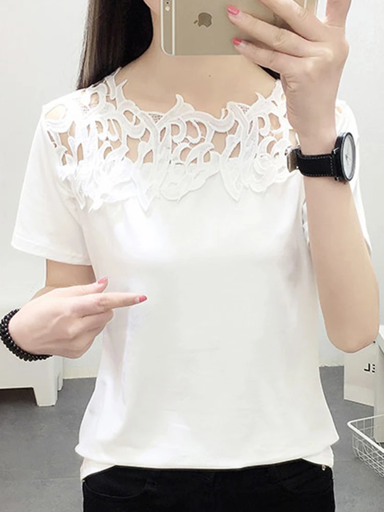 Women Clothing Summer Korean Women's Top Loose Lace Asymmetric Solid Color Slim Short Sleeve T-Shirt Shirt | Женская одежда