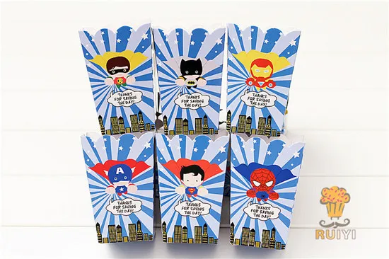 Popcorn Box 6pcs mix Мстители, Человек-паук, Железный человек, Супермен, детская одежда на день рождения, поставка украшений для вечеринок, детский набор для вечеринки на день рождения, принадлежности для мероприятий, Конфета - Цвет: Popcorn Box 6pcs mix