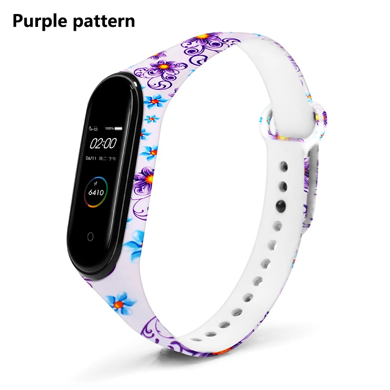Purple Pattern BOORUI Mi band 4 ремешок для xiaomi mi band 4 аксессуары pulsera inteligente силиконовый пояс с цветами Замена для m4 band - Цвет: Purple Pattern