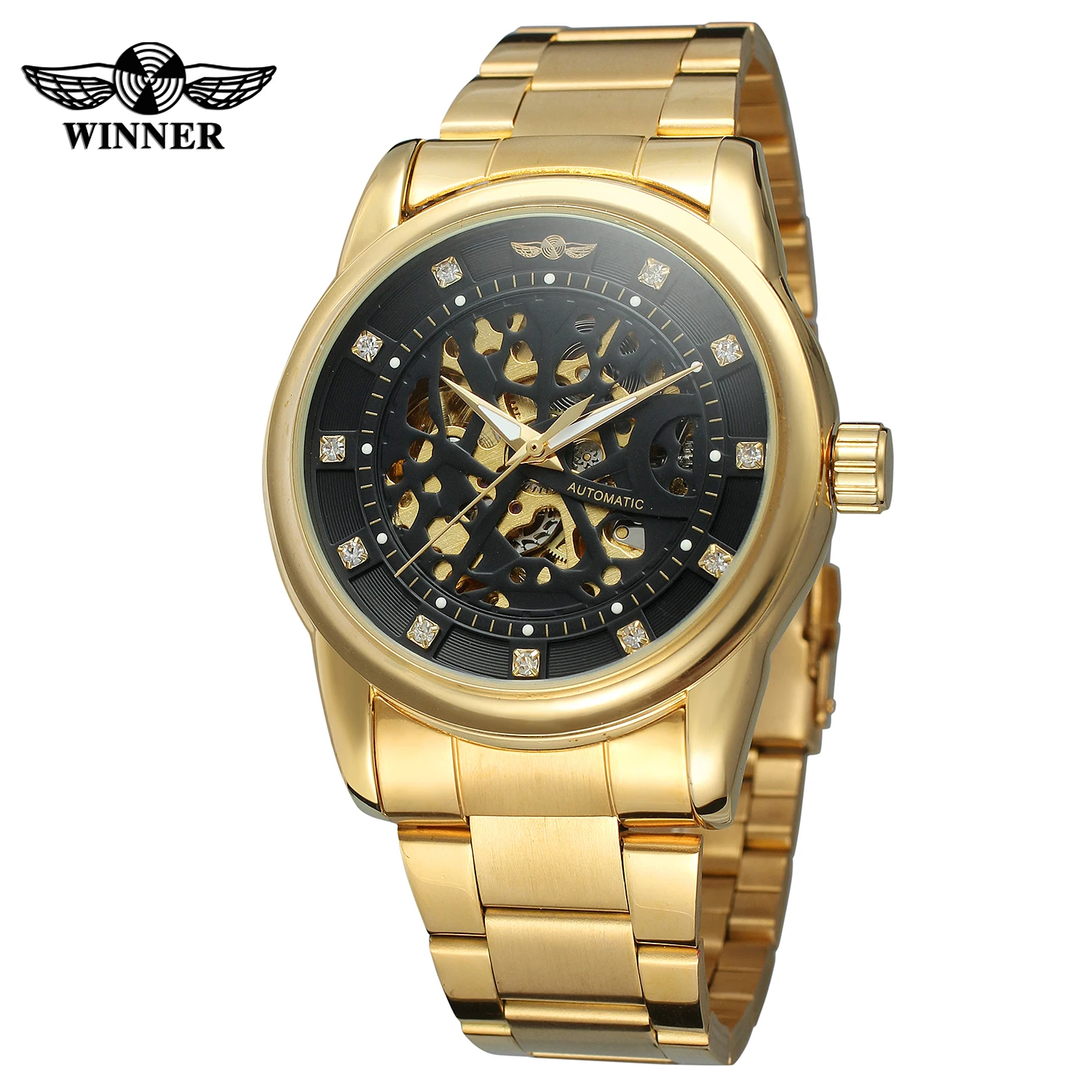 

Winner Royal Diamond Design Black Luxury Gold Full Stainless Steel Clock Montre Homme Men Relogio Male Skeleton Mechanical Watch