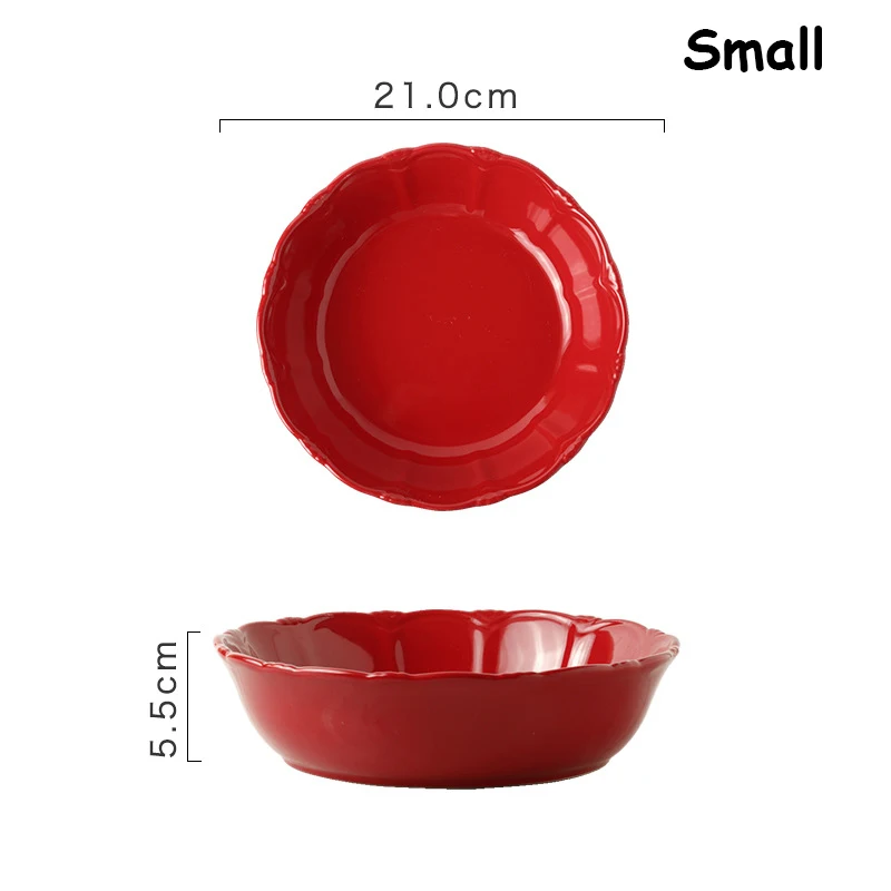 Small Ceramic Plate Round Tray Red Dish Platos Christmas Plate Griddle Pizza Plate Heat Resistant Soup Tray Delicate Tableware 1pcs - Color: Small