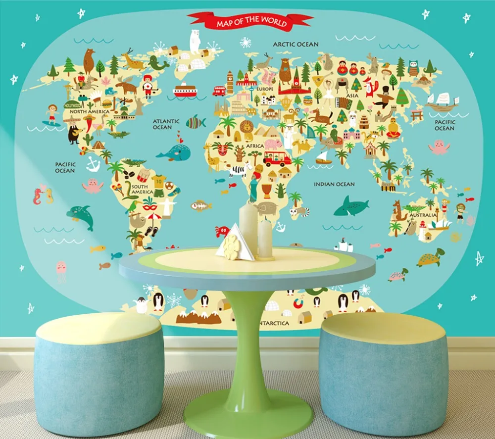 

[Self-Adhesive] 3D Cute Animals World Map Cartoon 99 Wall Paper mural Wall Print Decal Wall Murals