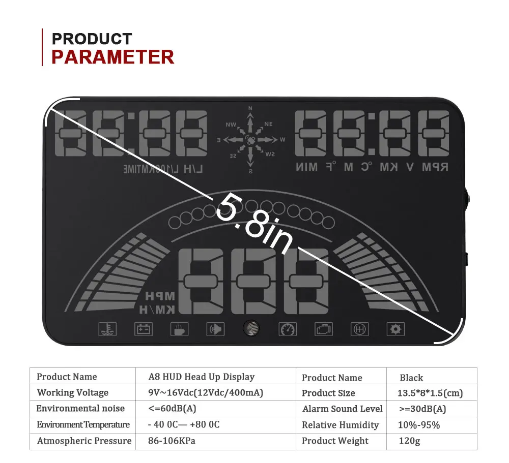5,8 дюймов авто HUD Дисплей OBD1/2 gps Скорость ometer миль в час) или км/ч Скорость Предупреждение