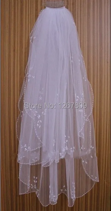 

2T White/Ivory Elbow Beaded Edge Pearl Sequins Floral Figure Wedding Bridal Veil