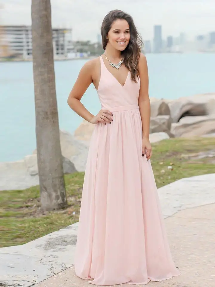 

Sexy V Neck Long Chiffon Bridesmaid Dresses 2019 Sheer Back Wedding Party Dresses robe demoiselle d'honneur