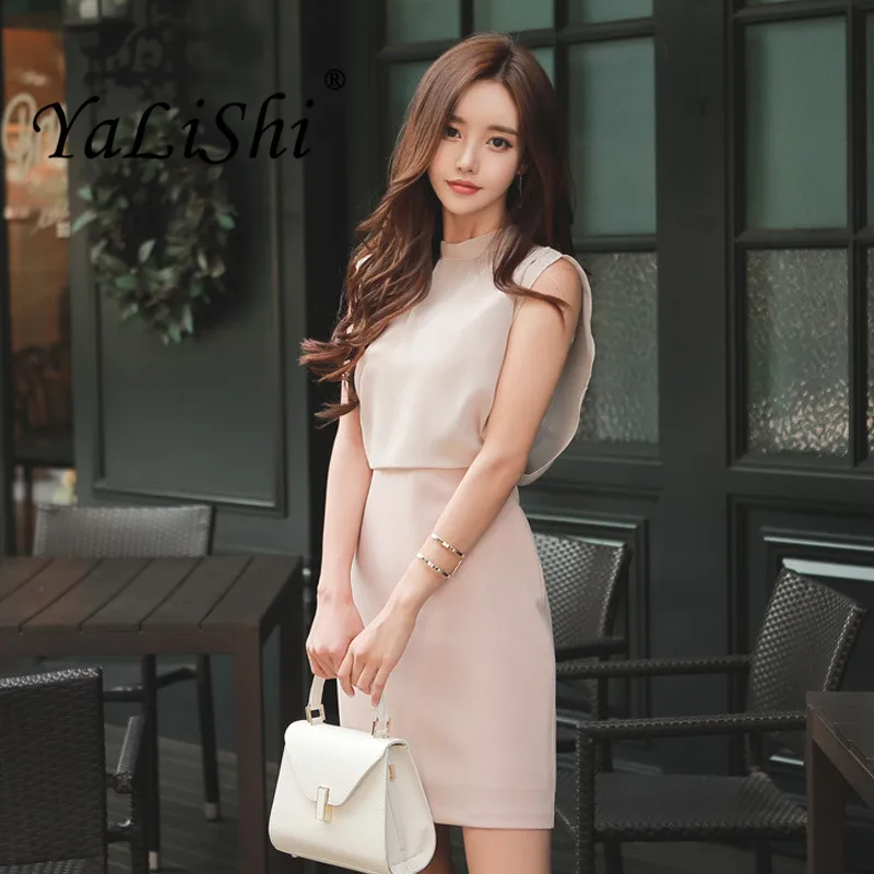 Женское шифоновое платье карандаш без рукавов с круглым вырезом элегантное