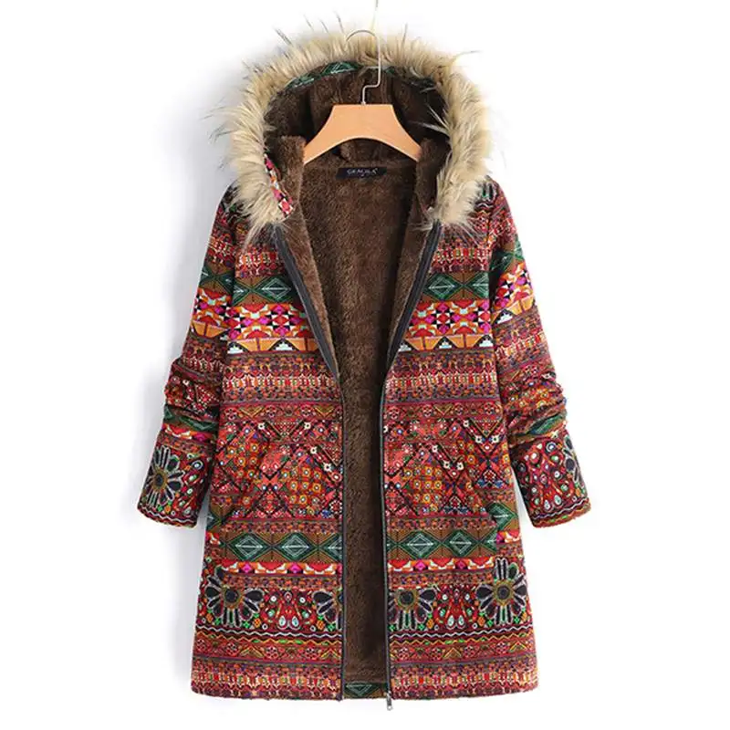 Women's jackets Winter Fleece Hooded Coat Ethnic Printed Faux Fur Outwear Female Casual Long Sleeve Coat Plus Size Overcoats 5XL
