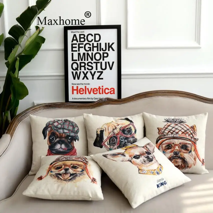 

Cute Puppy Cotton Linen Pillowcase Painted Dog Cushion Decorative Pillow Cushions Home Decor Sofa Throw Pillows 18 Inches