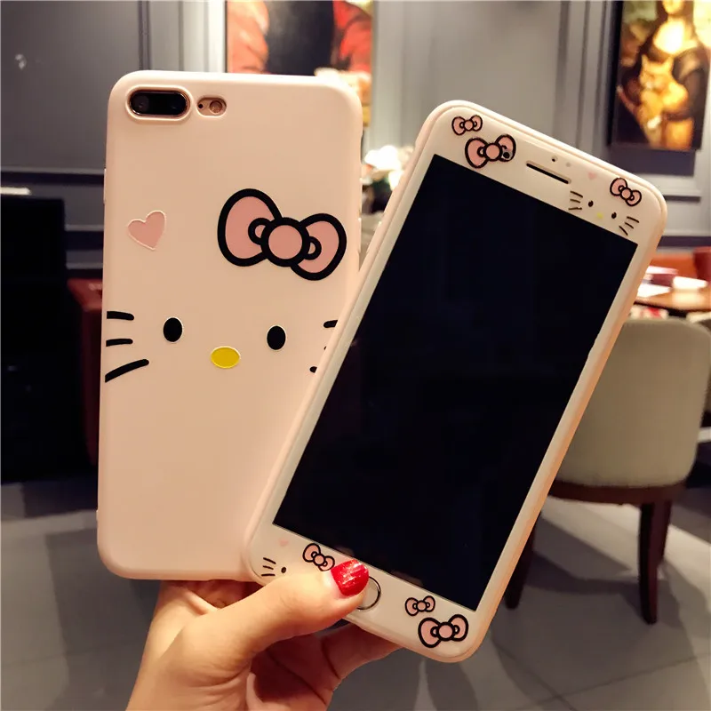 360 Полное покрытие розовый чехол для IPhone 8 6 6 S Plus 7 7 Plus Hello KT чехол для телефона протектор экрана для I Phone X мягкий мультяшный чехол