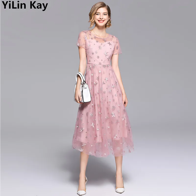 YiLin Kay Высокое качество модные дизайнерские взлетно-посадочной полосы Dress2018 Лето Для женщин короткий рукав Гренадин платье с вышивкой
