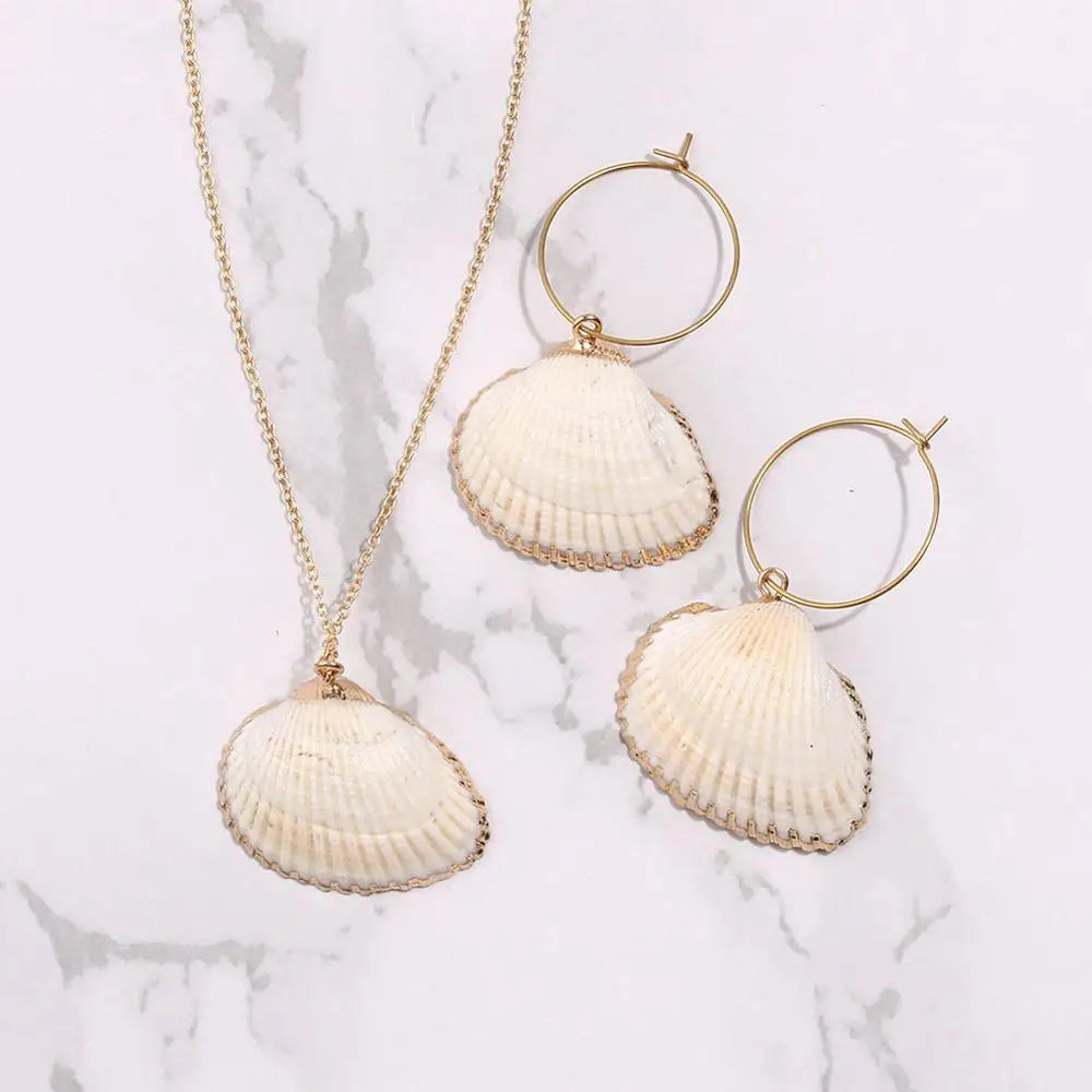 Atilady Shell Jewelry Set for Women Necklace with Hoop Earrings Set Beach Boho Party Jewelry Gift Drop Shipping - Окраска металла: 03