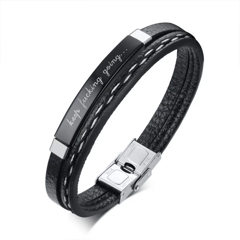black ID bracelet Кожаный браслет ручной работы, Двойная Цепочка, черный цвет, браслет на запястье, унисекс, подарки, Прямая поставка - Окраска металла: black ID bracelet