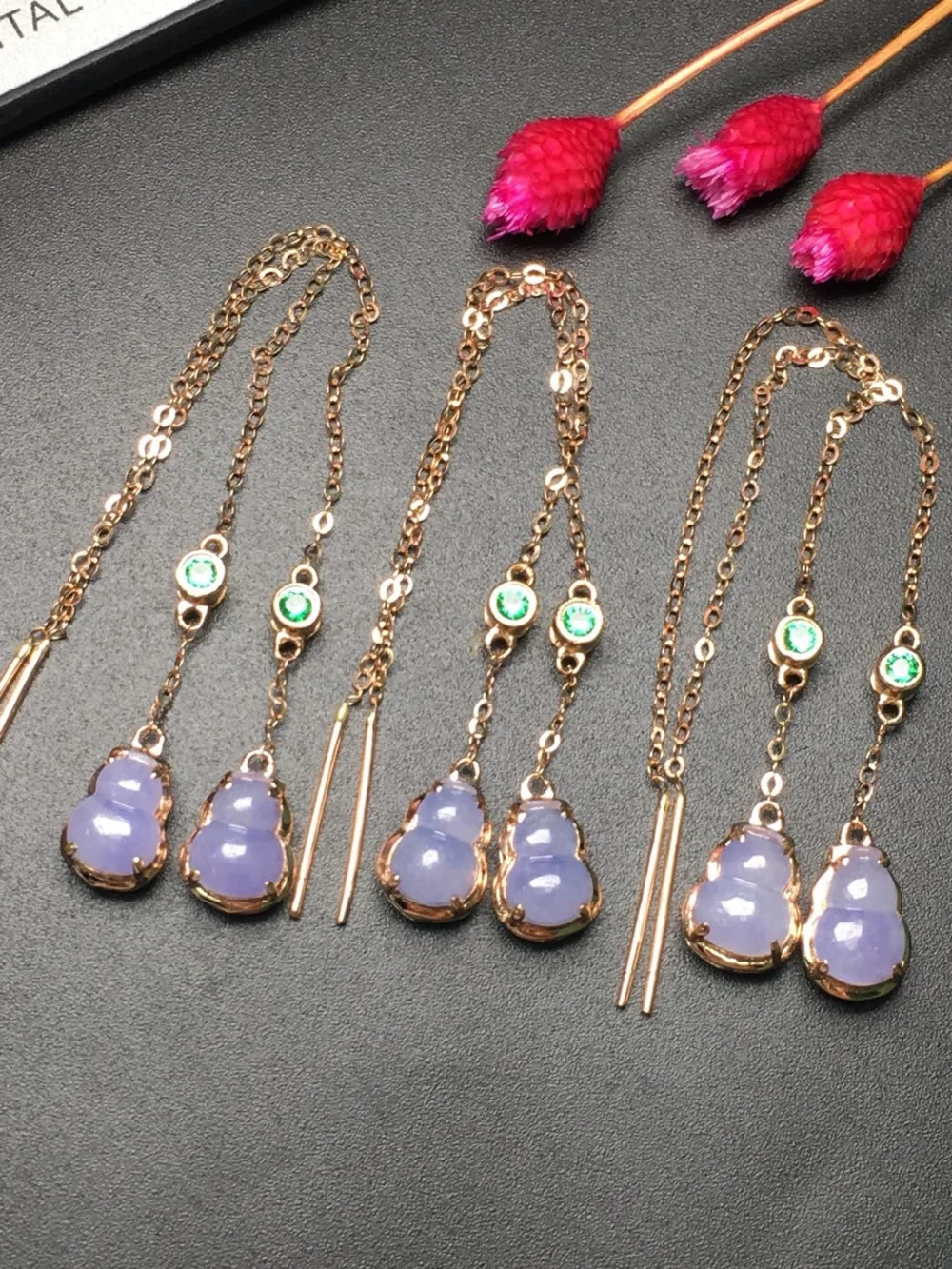 Fine Jewelry Collection Real 18K Yellow Gold AU750 100% Natural Purple Jadi Jade Gemstone Myanmer Origin Drop Earrings for Women | Украшения