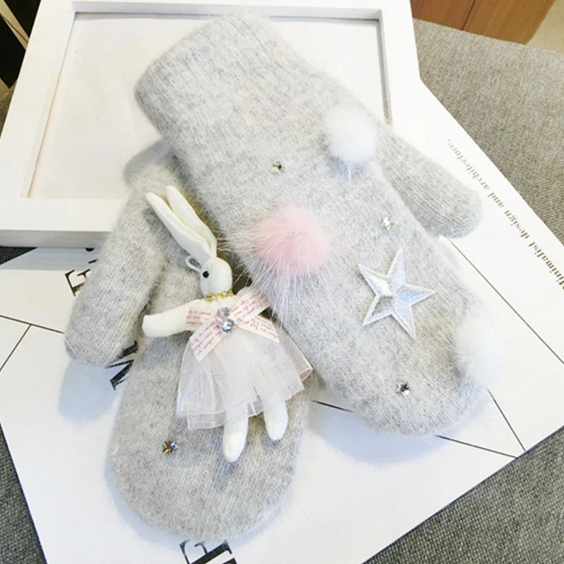 Зимние женские перчатки 2016 теплые варежки с милым кроликом для женщин милые