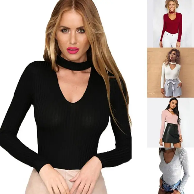 2019 Модный женский элегантный сексуальный облегающий свитер с глубоким v-образным