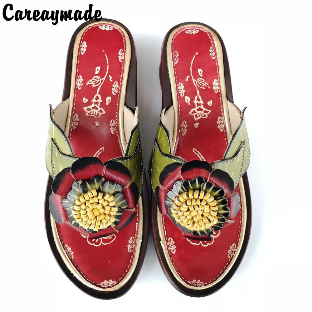 

Careaymade-New Leisure simple slippers,Real Leather Flip Flops comfortable folk style hand-painted retro art mori girl slippers