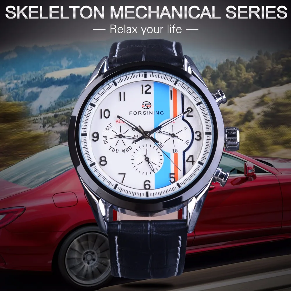 Forsining мужские часы с тремя циферблатами модный календарь синий дисплей ремешок