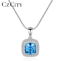 czcity new 925 sterling silver created square sapphire pendant necklace for women charming female wedding necklace fine jewelry