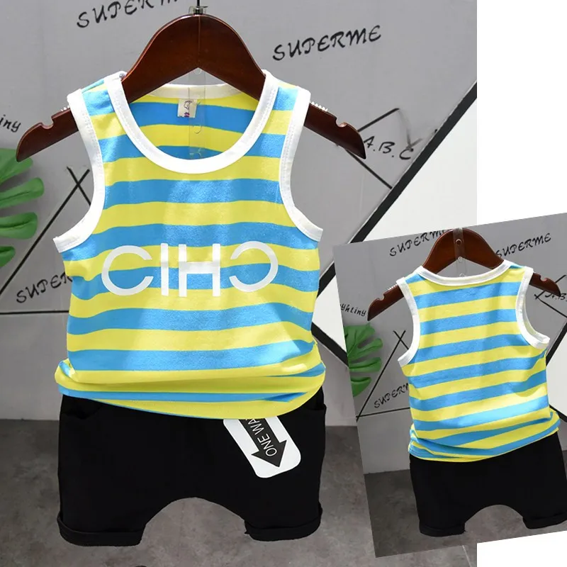 

Summer Kids Clothes Striped Vest + Short Pants Boys Clothing 2pcs Set Blue Yellow Striped Sleeveless TShirt Clothes Sportswear