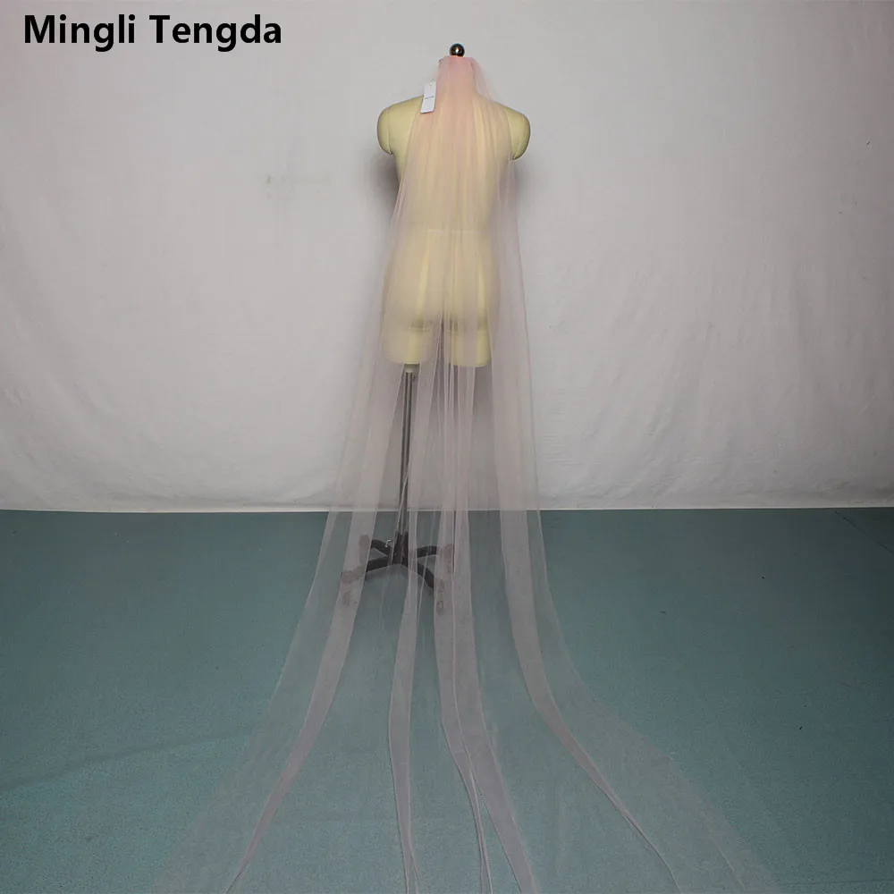Фото Фата свадебная Mingli Tengda, однослойная розовая с гребнем, длиной 3 м, фата для невесты, с обрезанными краями №3
