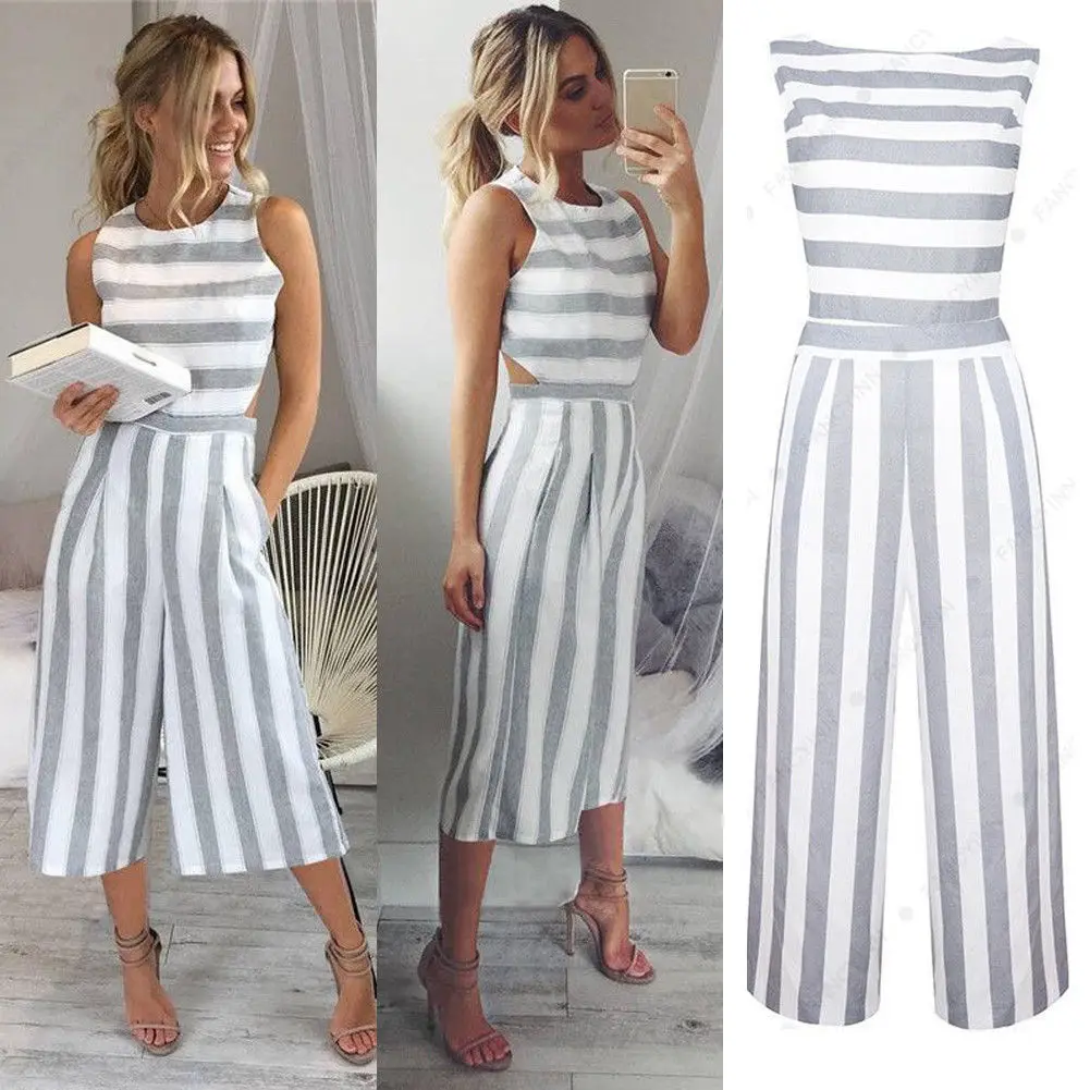 2019 New Fashion Women Romper Grey Sleeveless Striped Jumpsuit Casual Clubwear Wide Leg Pants Outfits summer wild stylish | Женская
