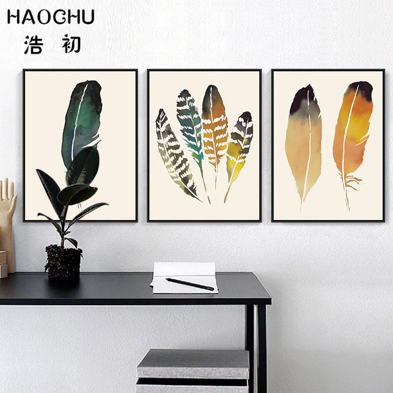 Фотообои с винтажным рисунком акварельных перьев|canvas painting|art print posterabstract picture |