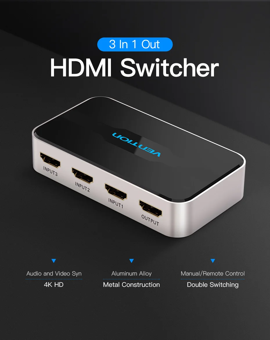 Vention Переходник HDMI разветвитель 3X1 HDMI коммутатор 3 в 1 выход для xbox 360 PS4/PS3 Smart Android HDTV 4K* 2K HD HDMI коммутатор