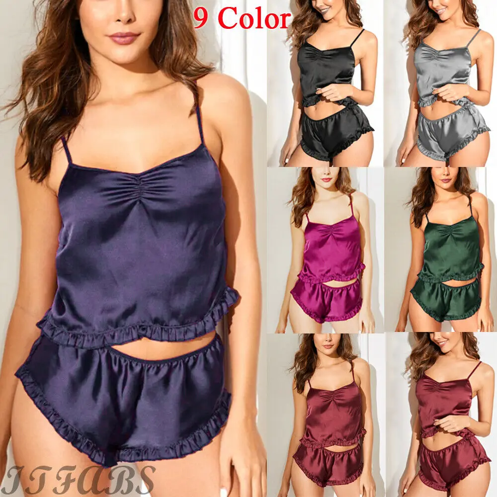 9 цветов Женская атласная Кружевная летняя Пижама нижнее белье Babydoll ночное шорты