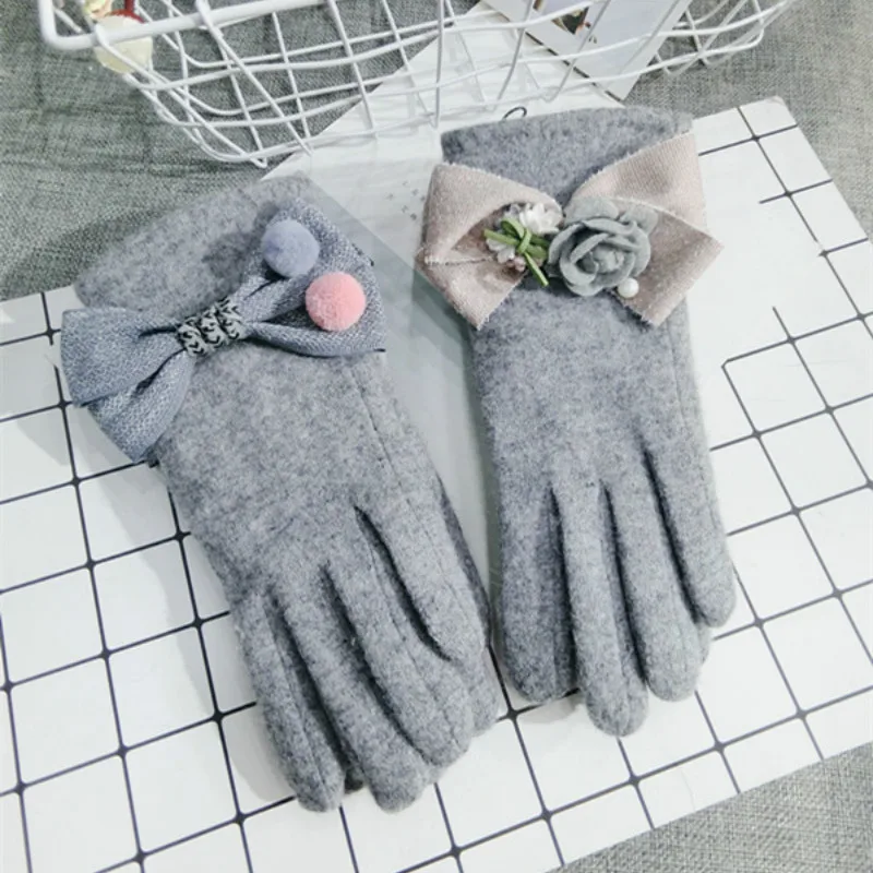 

New Korean touch screen gloves wool bow warm knitted women spring winter gloves thick Cashmere mittens