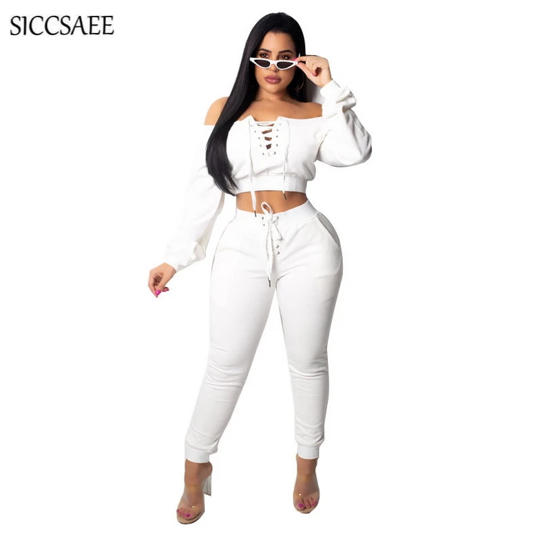 Backless Crop Top Off Shoulder Slash Neck Ribbons Lace Up Long Pants Suits Two Piece Set Women's Sexy Casual Outfits White Fall | Женская