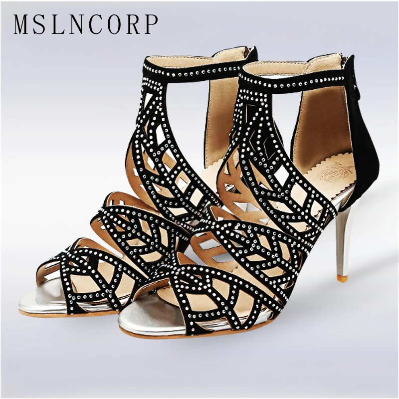 

Size 34-48 Women Sandals Boots Peep Toe Women High Heels Shoes Fashion Gladiator Casual Cut Outs Rhinestones Crystal Thin Heel