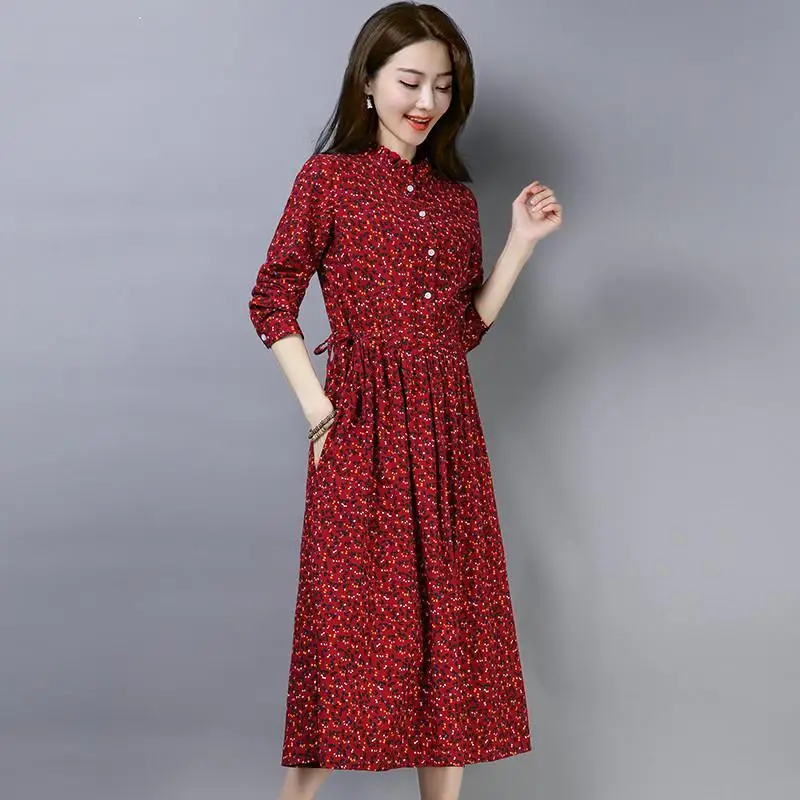 

Summer Vintage Floral Print Cotton And Linen Midi Dress 2020 Elegant Women Retro Long Sleeve Dresses Pleated Dress Vestidos D111