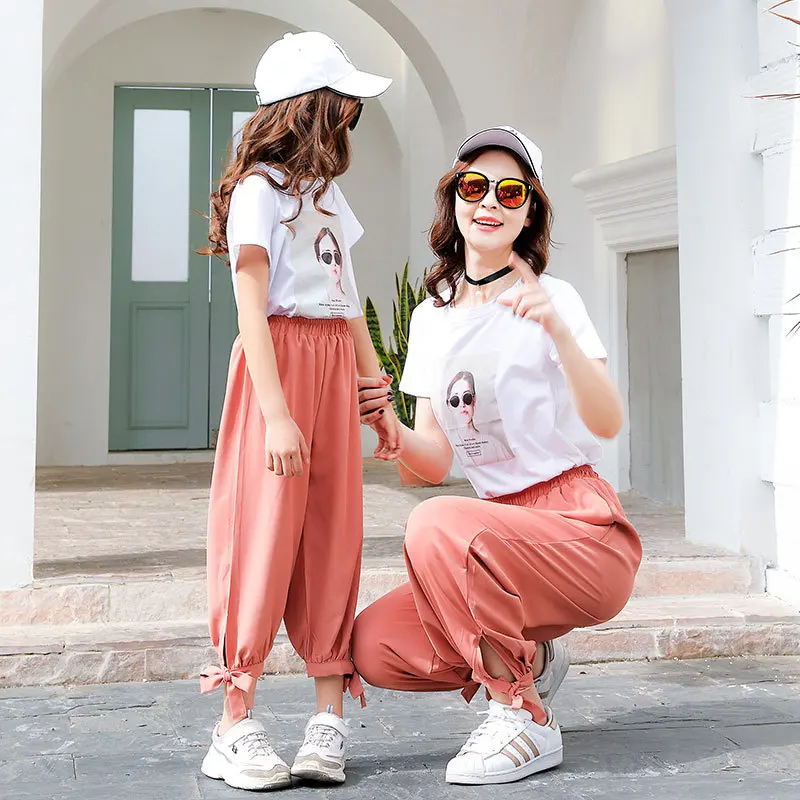 Летняя семейная одежда для мамы и дочки женщин девочек хлопковая футболка брюки 2