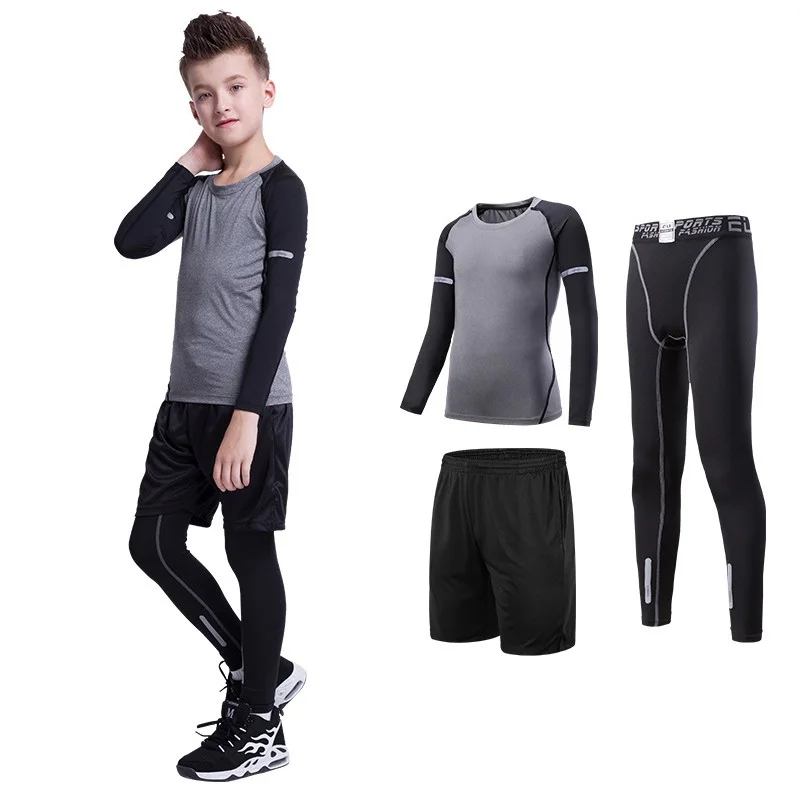 Black Gray 3FP Детский комплект для бокса, компрессионная футболка+ штаны, детский Рашгард для бега, баскетбола, обтягивающие футболки, брюки для подростков, спортивная одежда ММА - Цвет: Black Gray 3FP