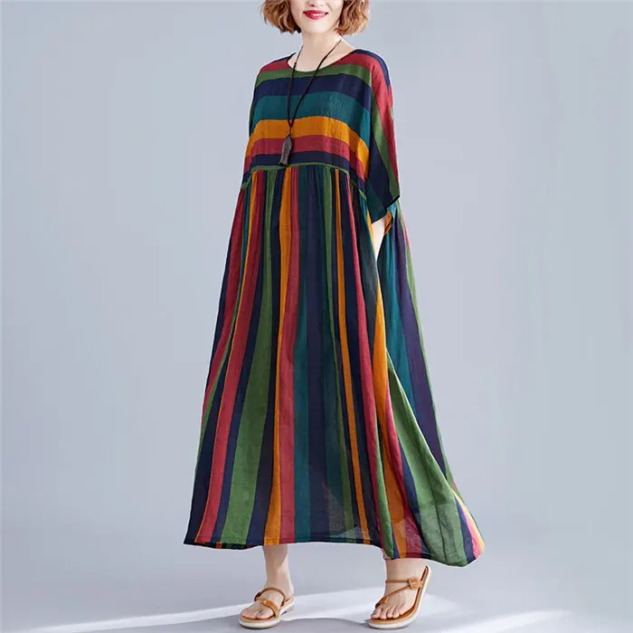 ARCSINX Boho женское платье размера плюс 4XL 5XL 6XL 7XL 8XL Полосатое женское платье Mori Girl хлопок Большие размеры Платья и сарафаны - Цвет: Цвет: желтый