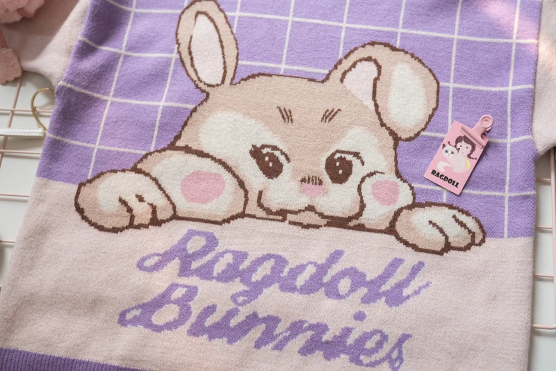 Модный осенне-зимний розовый фиолетовый мягкий свитер в клетку с кроликом для