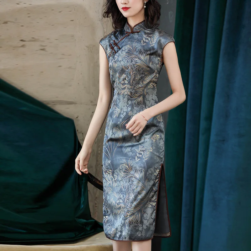 Cheongsam Dress Summer Elegant Lady Qipao Blue Grey Printed Chinese Style Stand Collar Pankou High Split Plus Size Vestidos XXXL
