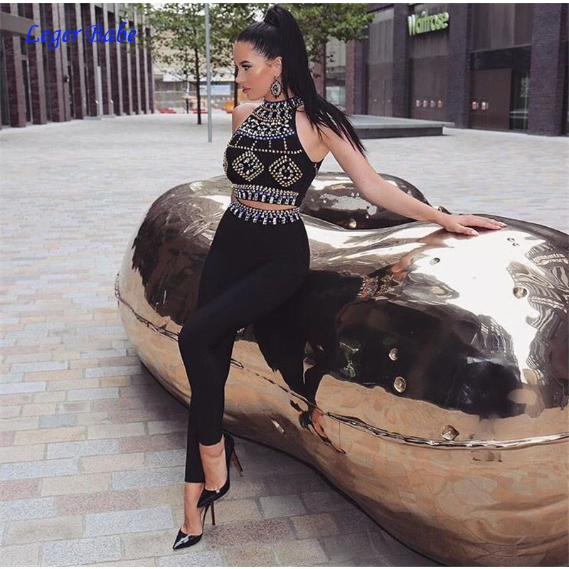 

Women Black Sexy Vestido Beading O Neck Sleeveless Two Piece Sets Party Club Bandage Rayon Stretchy Elastic Top Long Pants