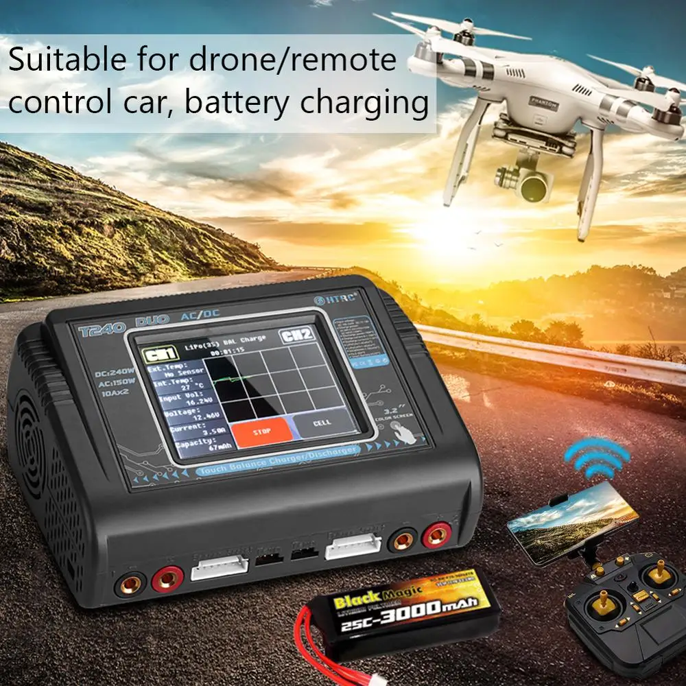 HTRC T240 DUO RC зарядное устройство AC 150 Вт DC 240 Вт сенсорный экран двухканальный баланс Dis зарядное устройство для RC моделей Игрушек Lipo батарея