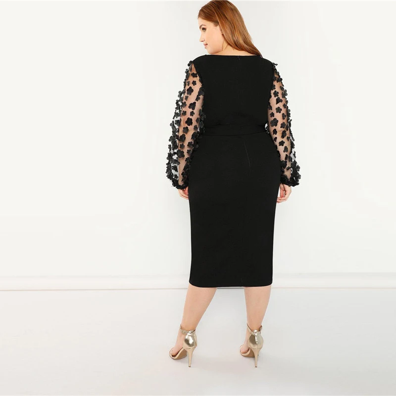 SHEIN женское элегантное черное платье-карандаш больших размеров с аппликацией, Сетчатое платье с рукавом-фонариком, приталенное платье с поясом для вечеринок