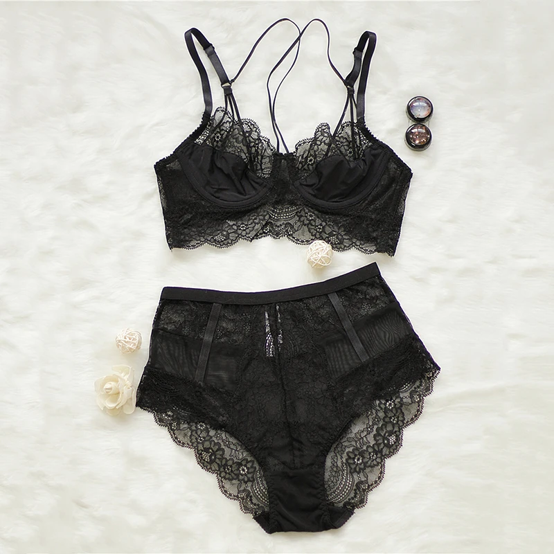 

New Sexy Women Bra Set Brassiere Lace Brassiere Push Up Transparent Bra Panty Lingerie Set Flower Bras Underwear Thin Plus Size