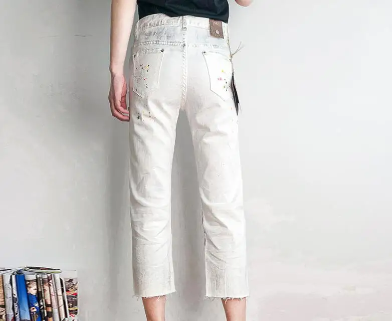 Summer Spring Women White Ripped Hole Printed Floral Pattern Ankle Length Denim Pants Woman Flower Jeans Trousers | Женская одежда