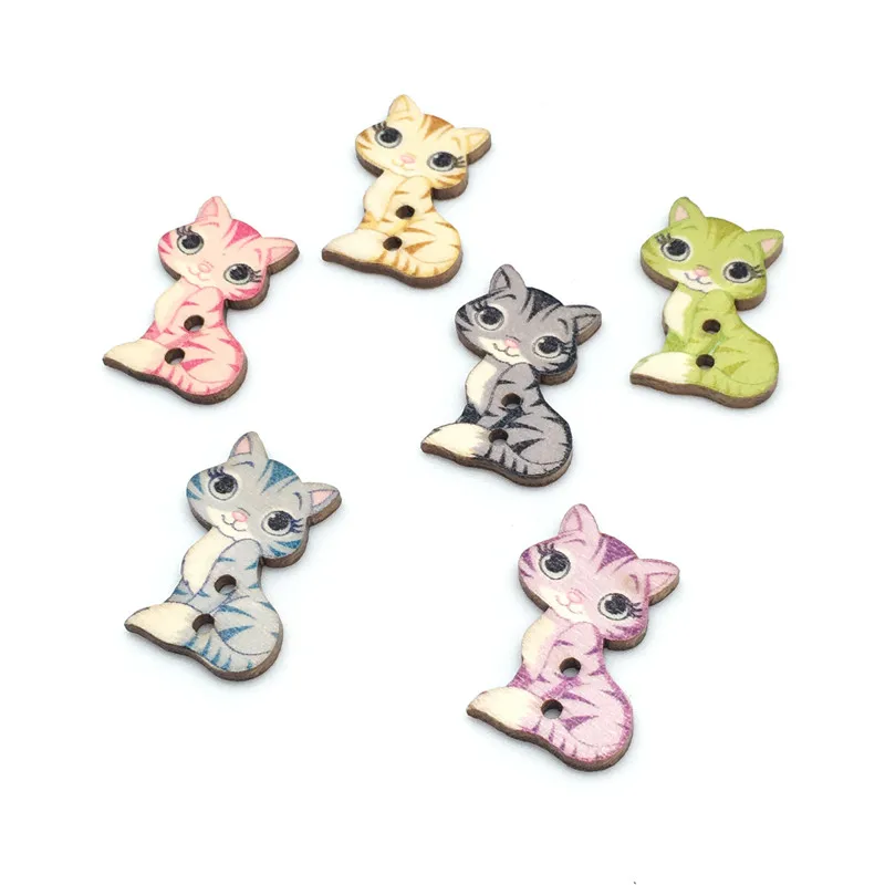 50 шт. Случайных Смешанных декоративных кнопок милые кошки 2 отверстия деревянные
