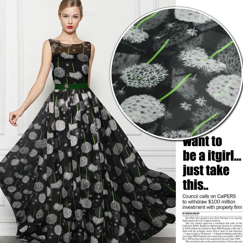 Шелковая шифоновая ткань с принтом одуванчика прозрачная для шарфа платья из