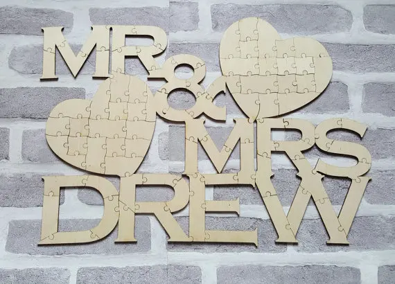 personalized rustic Jigsaw Mr & Mrs wedding day guest books Alternative hearts Wooden guestbooks Reception party favors