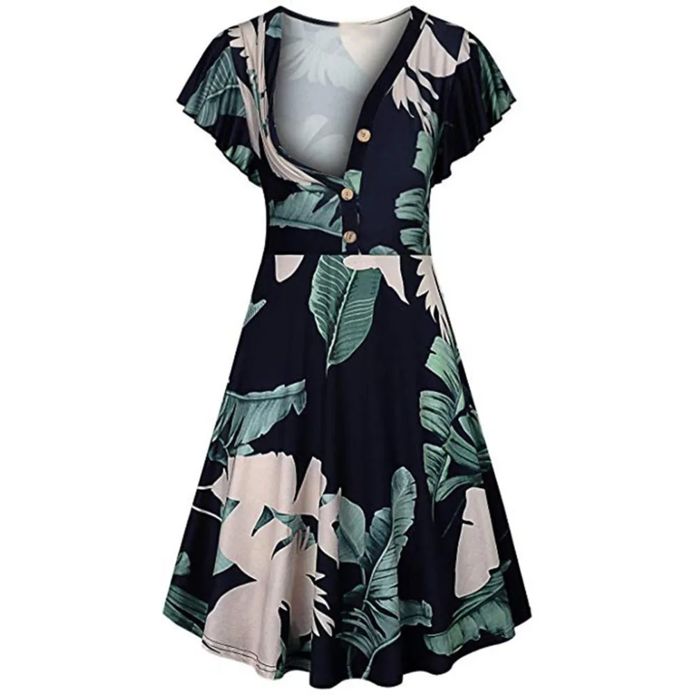 Модное женское платье с цветочным принтом коротким рукавом и v образным вырезом